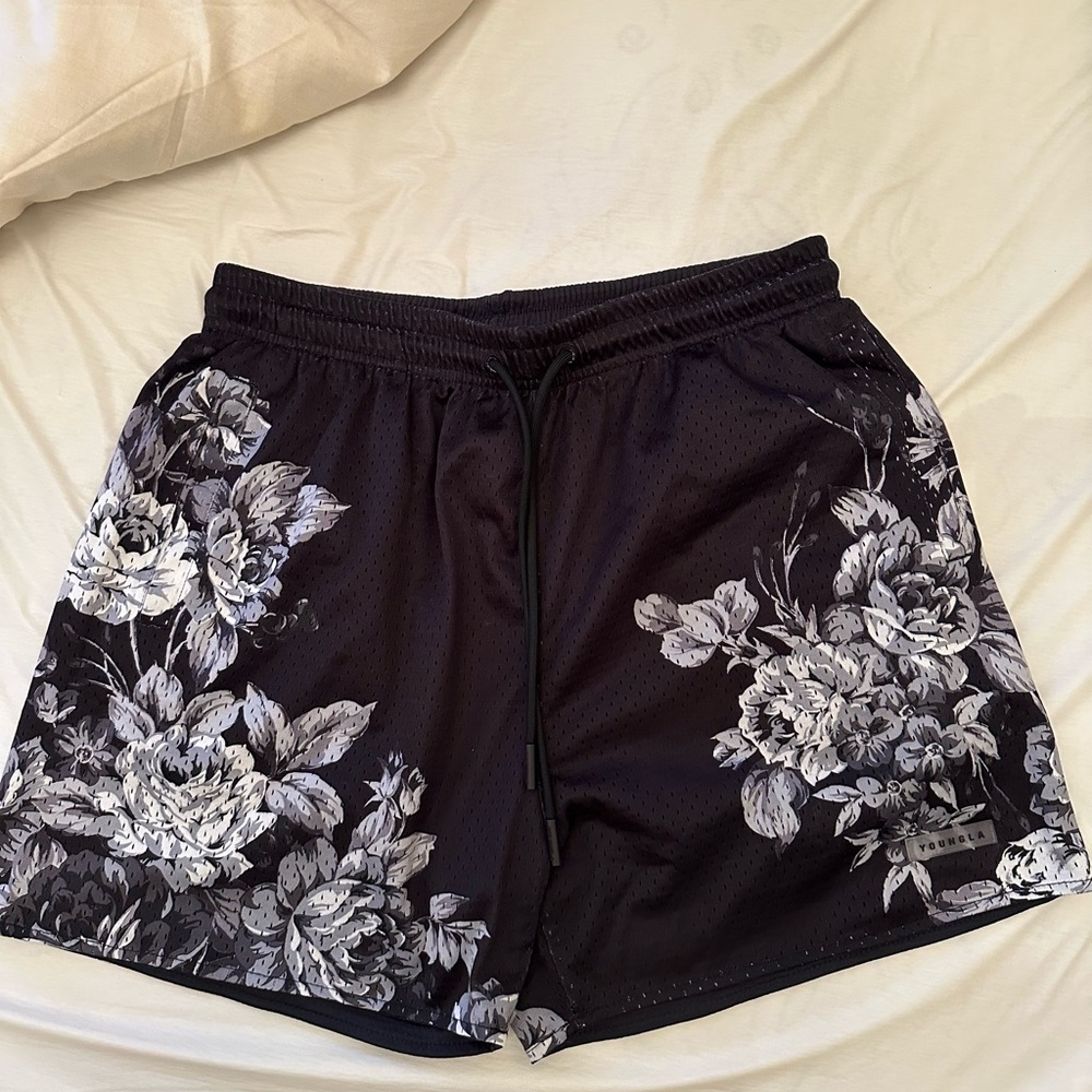 YoungLA Black and White Athletic Shorts with Floral Design